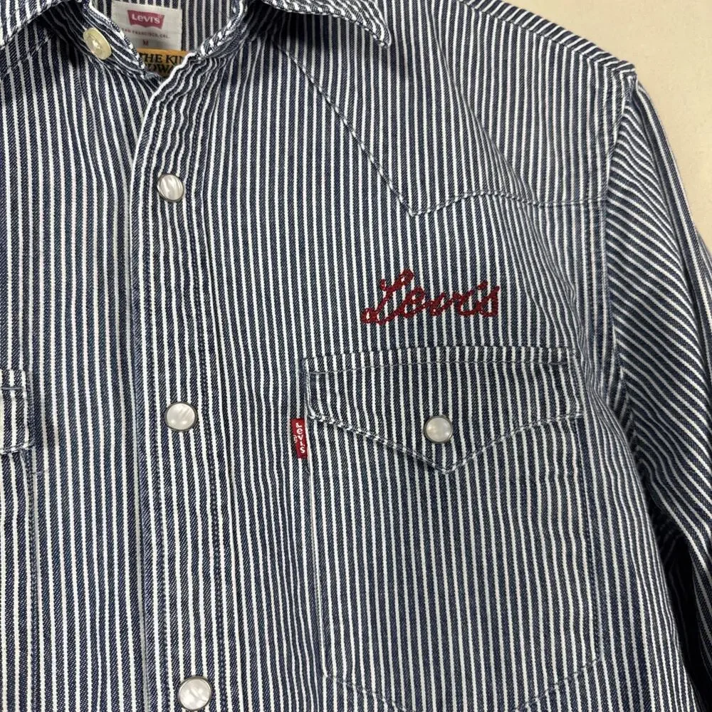 Levi’s Mens M Western Shirt Hickory Stripe Pearl Snap Denim Workwear Cowboy